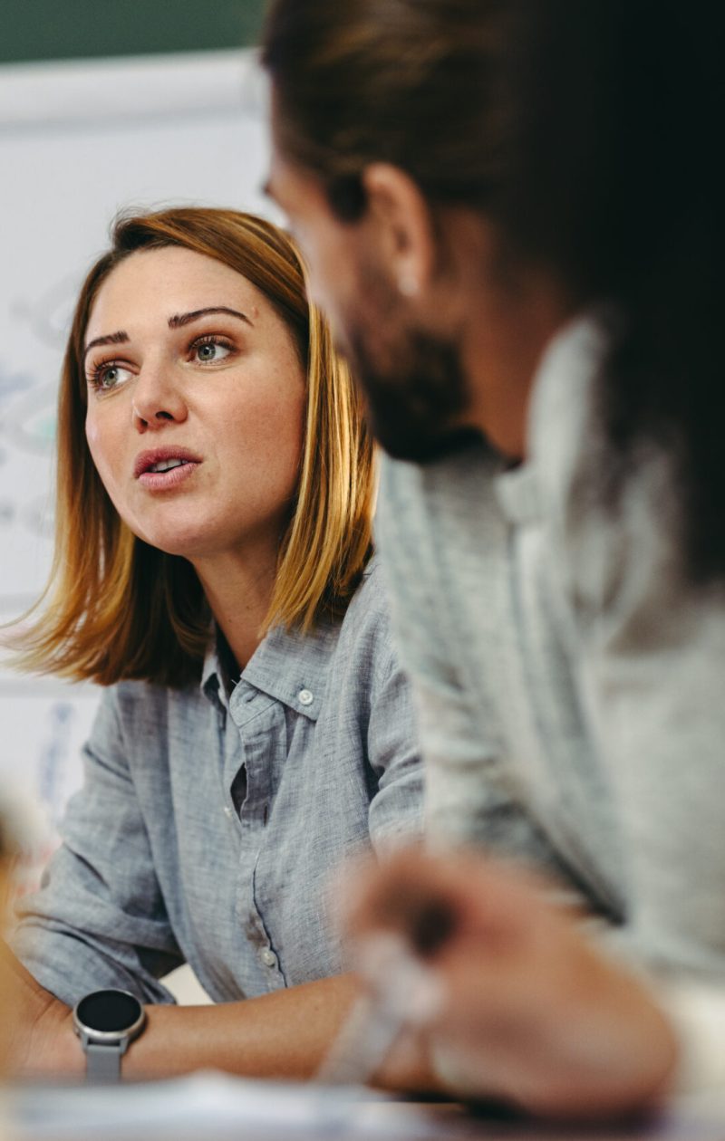 Young businesswoman having a discussion with her colleagues in a boardroom. Creative young businesswoman sharing her ideas during a meeting in a modern office.